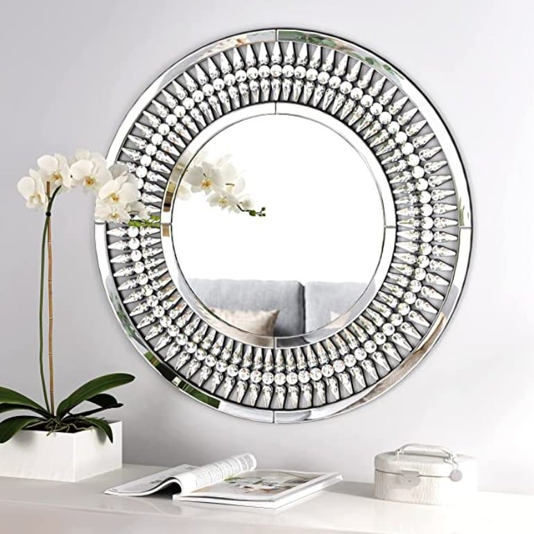 Round Crystal Jeweled Wall Mirror in Chrome - HER Home Design Boutique